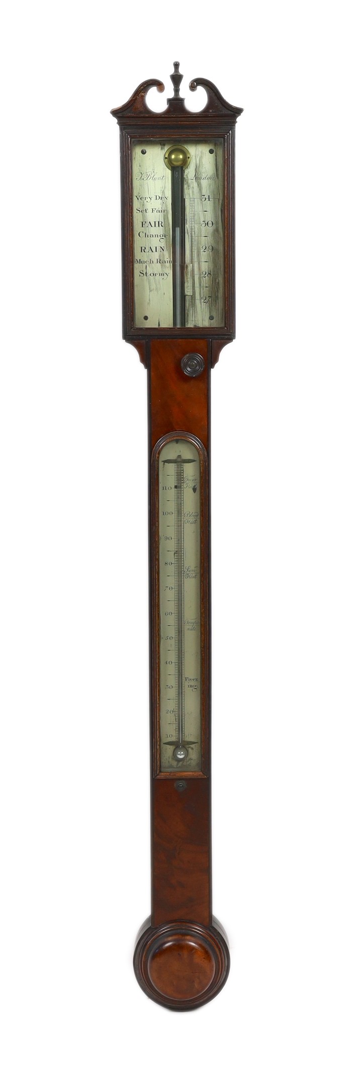 J. Blunt of London. A Regency mahogany stick barometer, 13cm wide, 98cm high